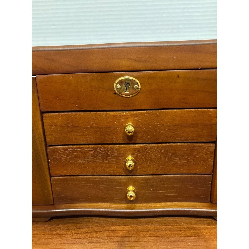 Kendal Wooden Jewelry Box Organizer Cherry Finish Mirror Lock 3 Drawers WJC03HT